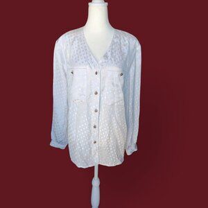 Vtg Gianna Button Up Blouse Long Sleeve White Polka Dot White with Pockets 12